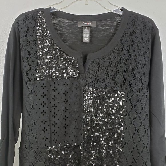Style & Co Women's 2X Black Henley Style Sequined Lace Crochet Shirt Top Blouse - Picture 2 of 12